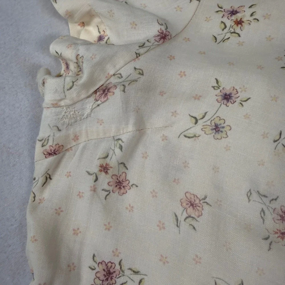 Vintage 90s Eddie Bauer Women XXL Linen Floral Maxi Dress Cream Short Sleeve - Picture 5 of 9